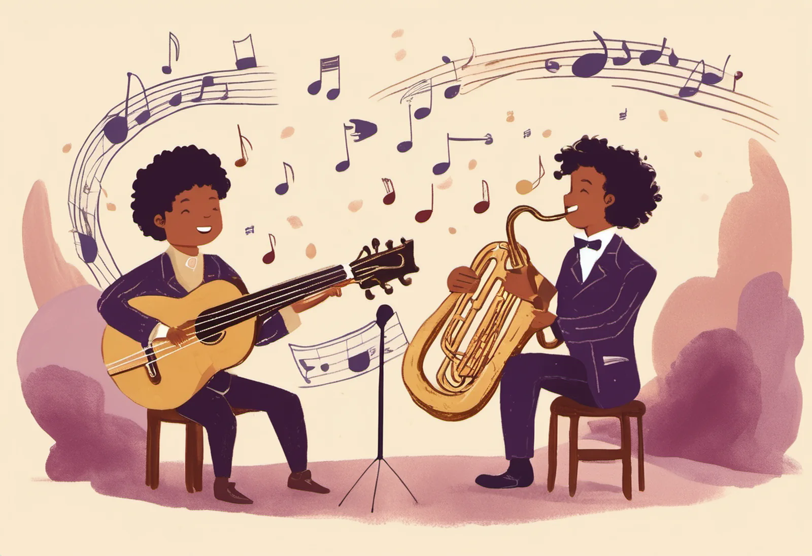 Two children giving a recital, one on guitar and one on a brass horn